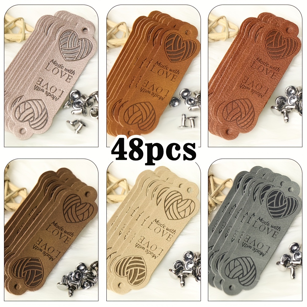 Image of 10/48pcs-pack Faux Leather Tags With Knitting Yarn Ball And , Includes Rivets For Handmade Items - Charms With " Love" Engraving (mixed Color Set Of 48)