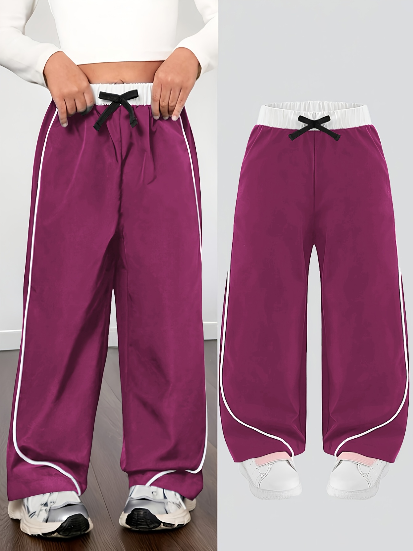 Girls' Color-Block Webbing Windproof Cargo Wide-Leg Pants