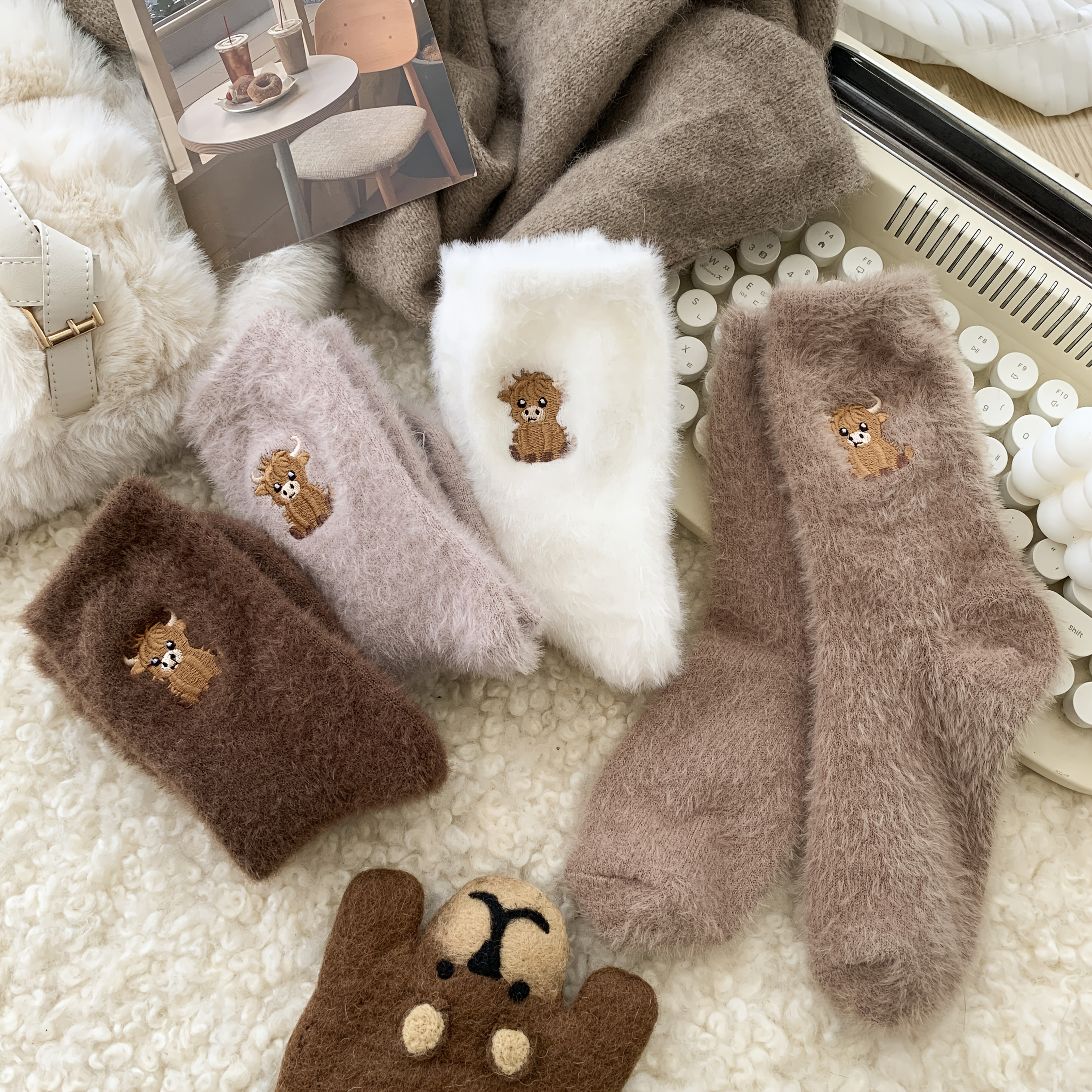 5 pairs womens cow embroidered plush socks winter thick warm soft floor socks with cute cartoon cow design   lounge socks for cold weather brown neutral tones hand   clean fluffy socks indoor       fabric construction  able loungewear stylish loungewear durable stitching     Product details 4