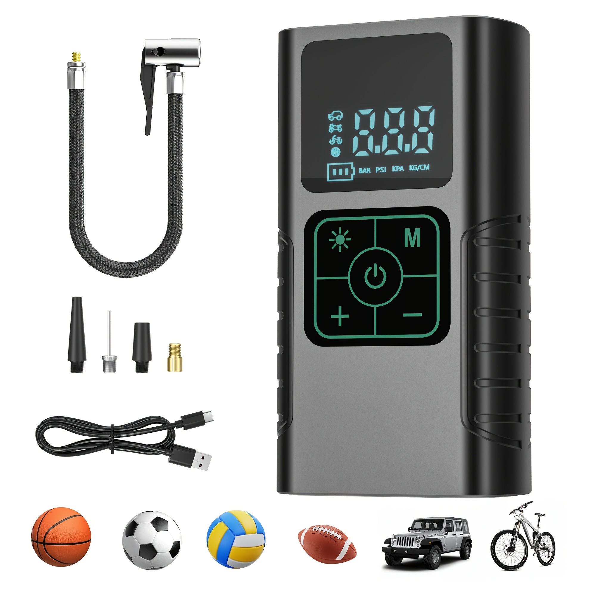 TEMU Electric Ball Pump Portable Tire Inflator Air Compressor, Cordless Fast Inflation Air Pump With Lcd Pressure Gauge And Led Light, Smart Inflator
