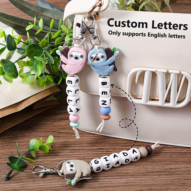 

Customizable Sloth Silicone Keychain - Personalized Cartoon Animal & Letter Beads, Lobster Clasp Charm For Women's Fashion Accessories