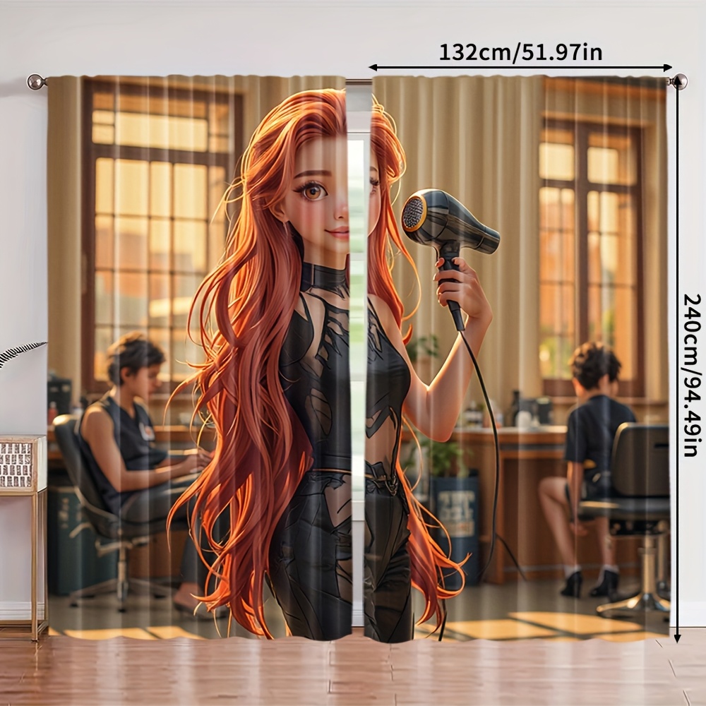 TEMU 2pcs Art Deco Hairdresser With Hair Dryer Pattern Curtains - Extra Large 100% Polyester Light Filtering Rod Pocket Drapes For Cafe, Balcony,