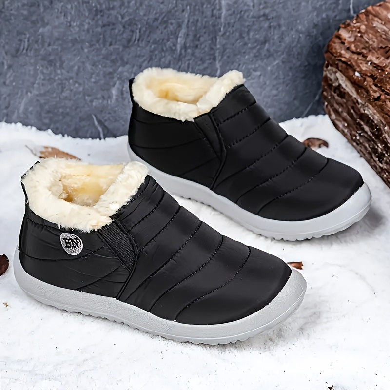 

Women's Boots - Warm Fur Lined Ankle High Boots, Black Waterproof Outdoor Footwear With Hook-and-loop Closure For Cold Weather, Winter Boots