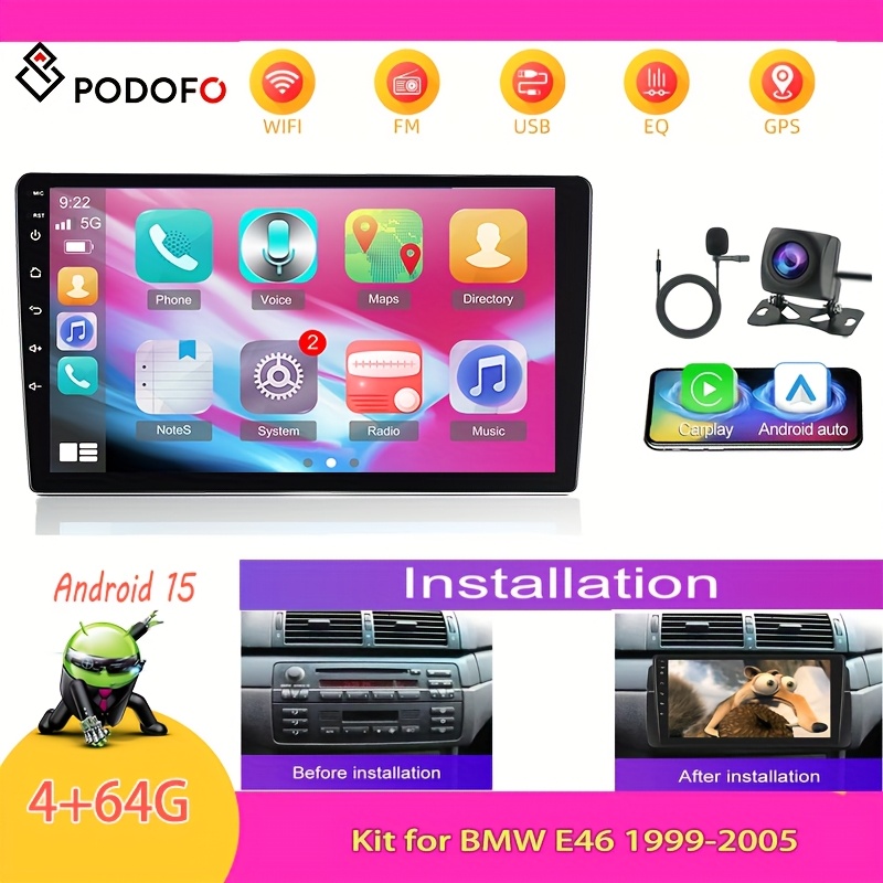 Image of Podofo [4+64g] 15 Carplayer Stereo For For E46 Radio 1998-2006 With Wireless Carplayer Auto, 9 Inch Touch Screen In-dash Gps Navigation Supports Wifi Backup Camera