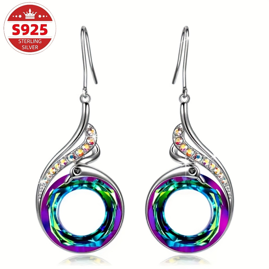 TEMU S925 Pure Silvery New Earrings Colorful Peacock Gradient Earrings Geometric Round Color Earrings Earrings Earrings Versatile Earrings Women's