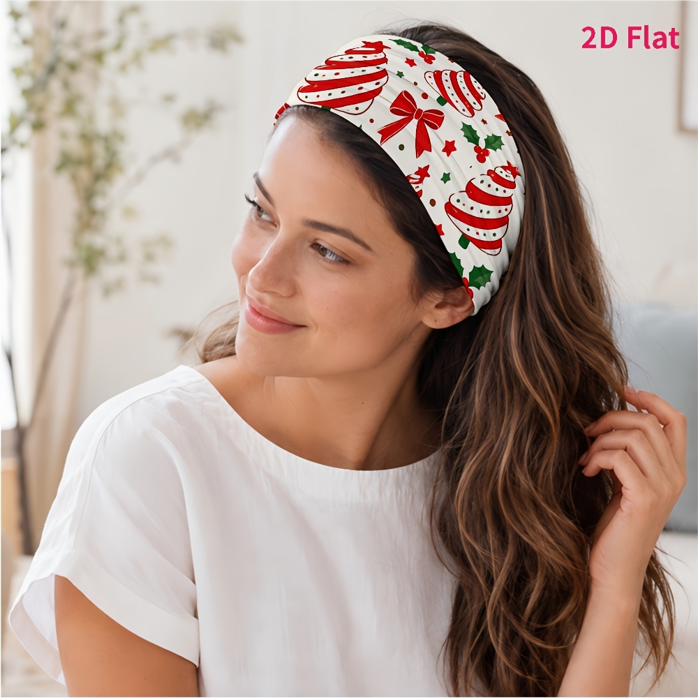 TEMU 2d Flat 1pc New Style Hair Band, Christmas Tree And Red Bow Print Pattern, Suitable For Yoga/fitness/daily /skincare, Photo /outing, Easy And