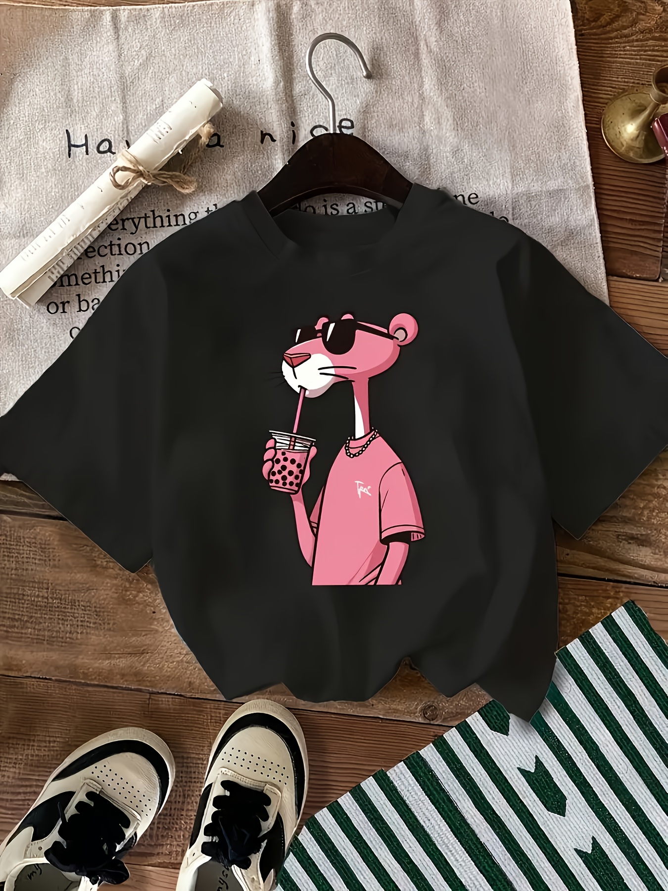 Women'S Casual Crew Neck T-Shirt with Cute Cartoon Print, Short Sleeve, Regular Length, Slight Stretch Fabric, Pink Tigger Design, Soft Polyester Material, Perfect for Casual Attir