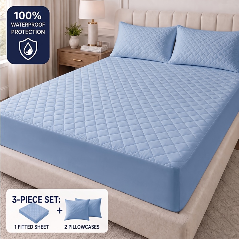 TEMU 3pcs Large Waterproof Mattress Protector, Pet-friendly Quilted Mattress Cover, Noiseless And Non-slip Bed Cover, Thickened Deep Pocket Mattress