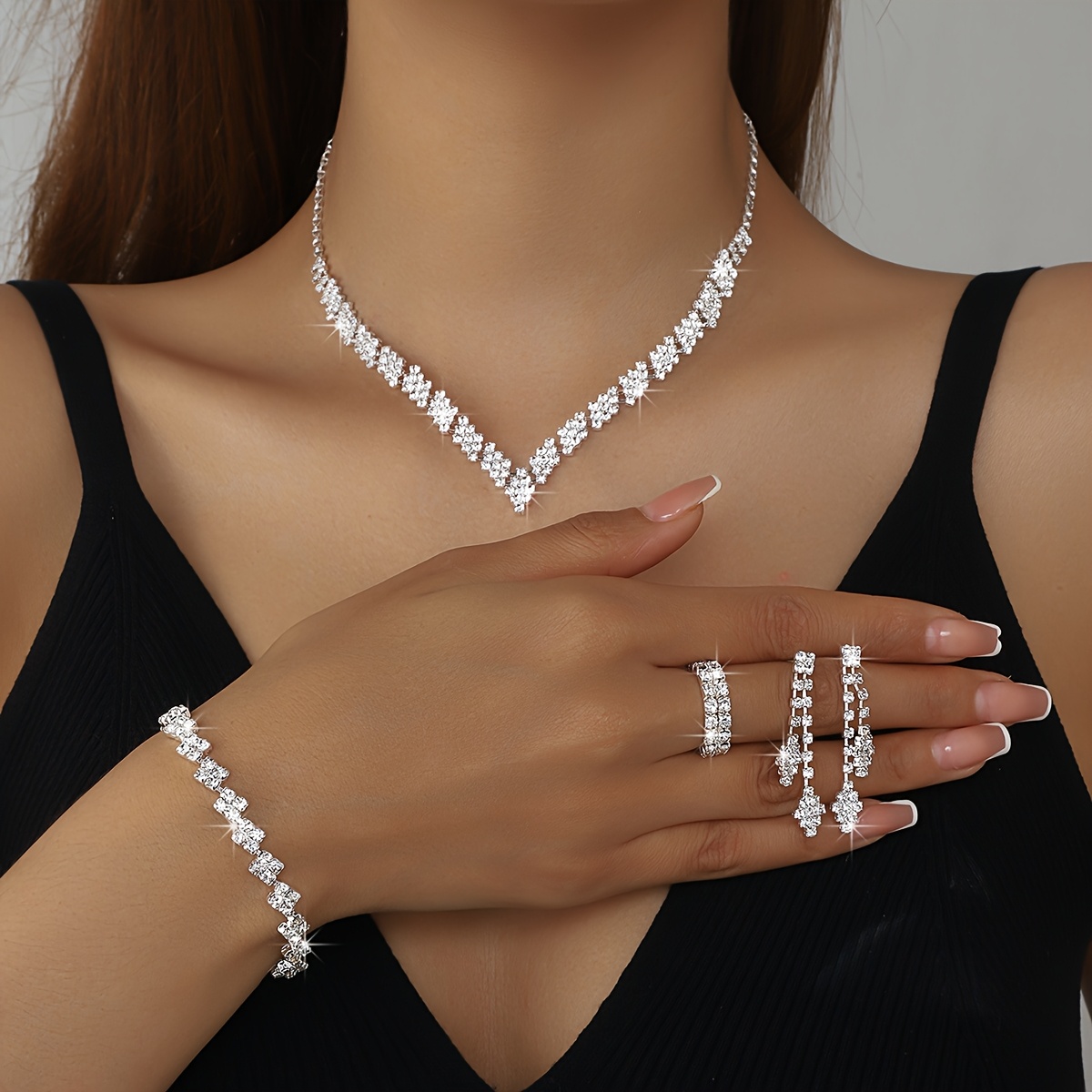 Image of Bridal Jewelry Luxury Exquisite Sparkling Rhinestone Geometric Irregular Square Necklace Bracelet Earrings Ring Four-piece Set