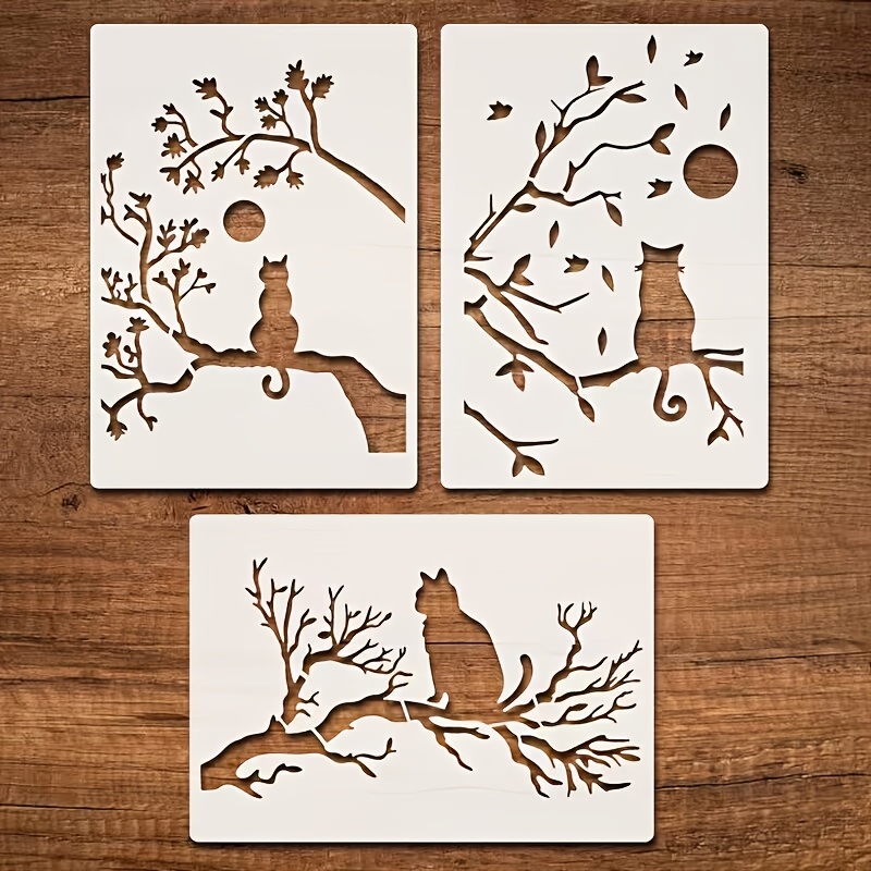 Reusable Branches And Cat Template Stencil - Diy With Branches Suitable For Walls,, Furniture - -to-use Stencograph For Home Decor, Reusable Tree Branch & Cat Stencils