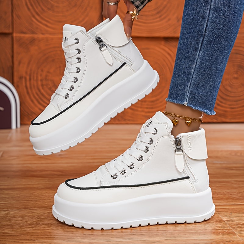 TEMU Color Block Spliced High-top Thick-sole Shoes, Side Zipper Design, Lace-up Round Toe, Daily Versatile Casual Shoes, Women Shoes, Sneakers