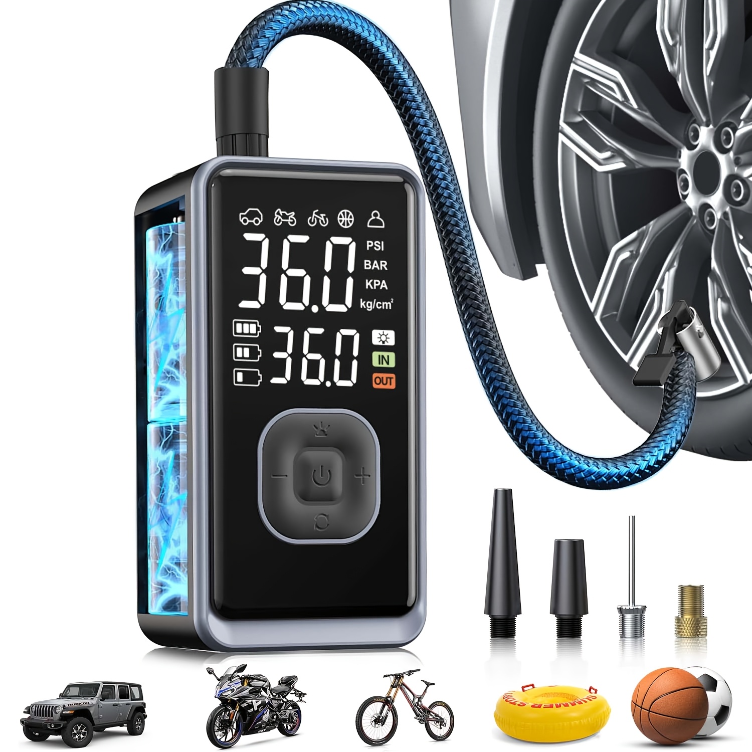 TEMU Portable Tire Inflator Air Compressor, 150psi Cordless Mini Air Pump With Digital Pressure, Bike Pump, 3x Fast Inflation Tire Inflator For Car,