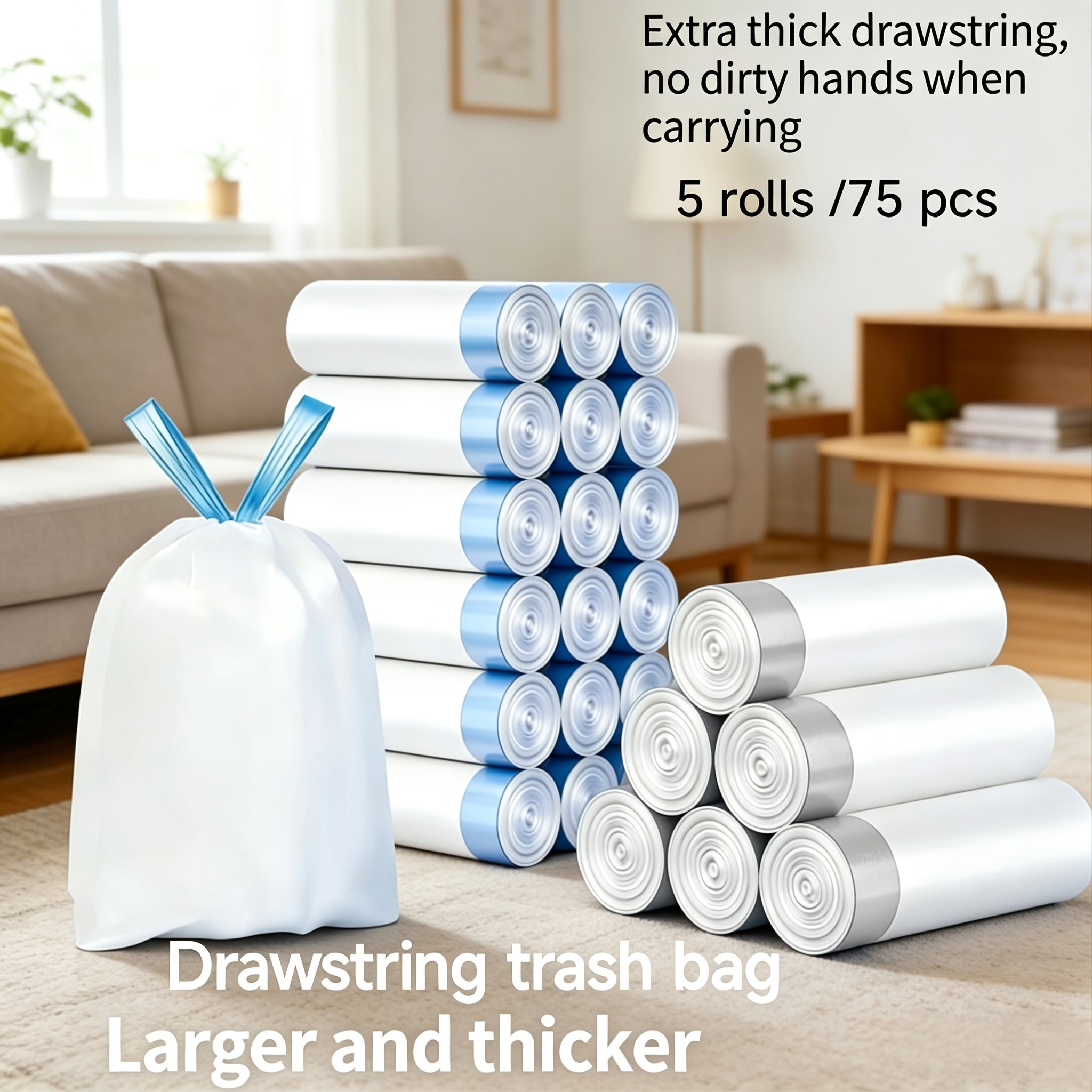 TEMU 5-rolls/75-count Large Drawstring Trash Bags, Heavy-duty Tear-resistant Garbage Bags With Drawstring Closure, Fits Trash Cans. Suitable For
