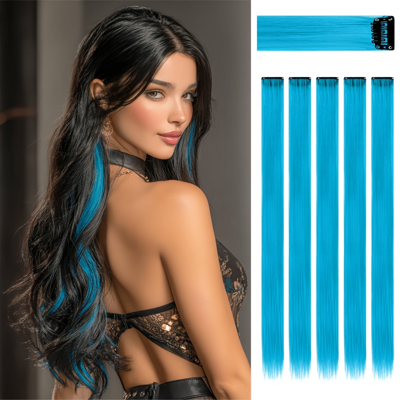 TEMU 5 pezzi Extension Capelli Cielo | Extension Capelli Clip-In 24" | Extension Capelli Lunghi Lisci Colorati Clip-In Capelli Sintetici Lisci Adatti