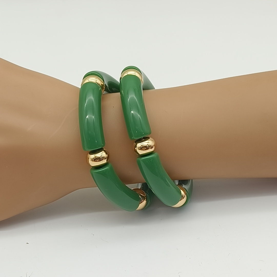 TEMU 2pcs Bracelets Élastiques Dégradés en Résine , Tendance, Polyvalents, Style Bohème Rétro du Moyen-, Sexy, Élégant, Bracelet Extensible, ,
