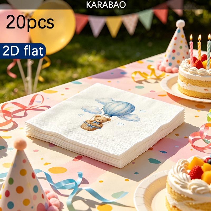 TEMU 20pcs Air Balloon Bear Pattern Disposable Napkins, Double Layer Thickened, 6.5-inch Square Napkins, Paper Towels For Kitchen And Bathroom,