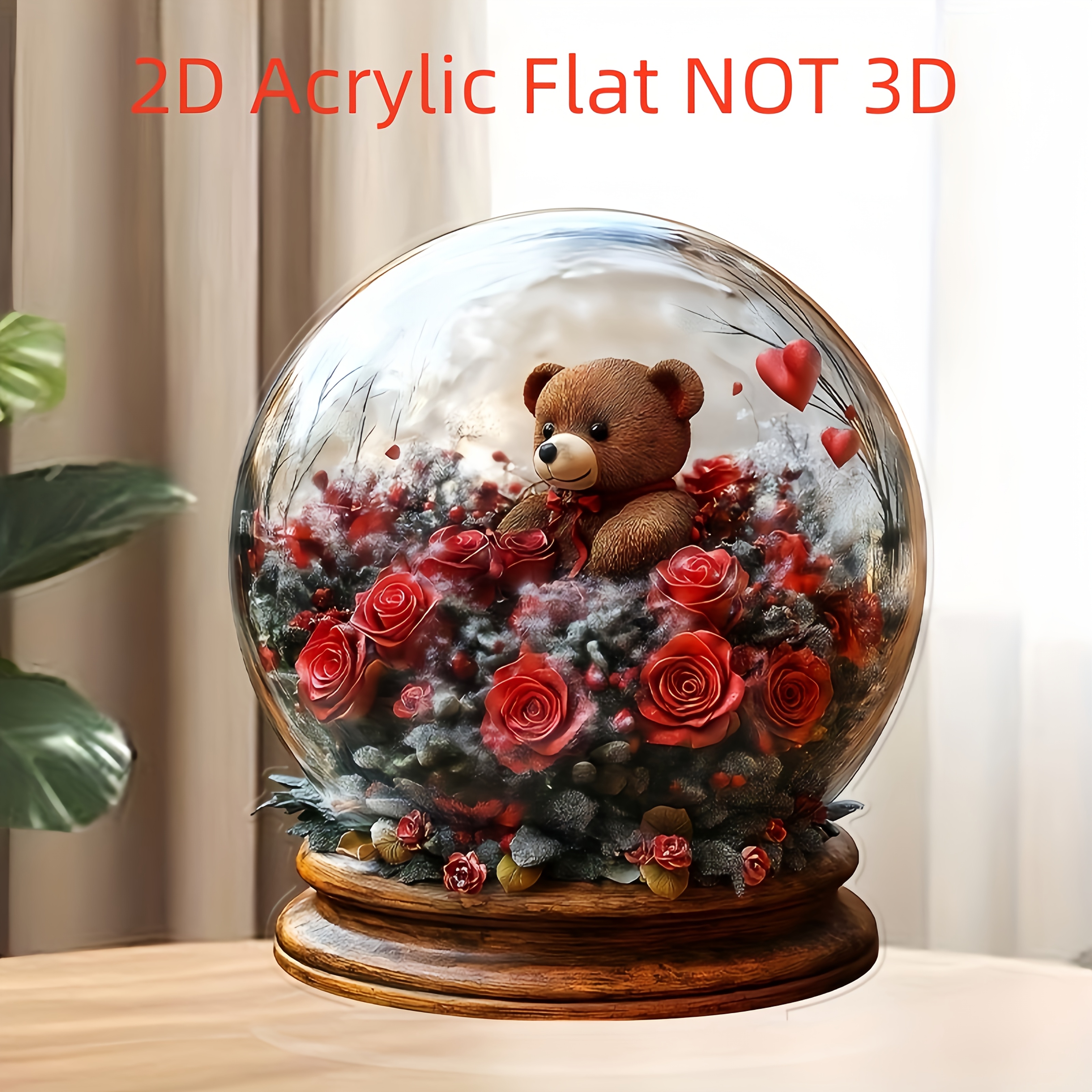 

Valentine's Day Teddy Bear Acrylic Desk Decor With Rose - Elegant Tabletop Accent, No Power Needed, Feather-free - Perfect Gift For Her, 5.51" X 6.49