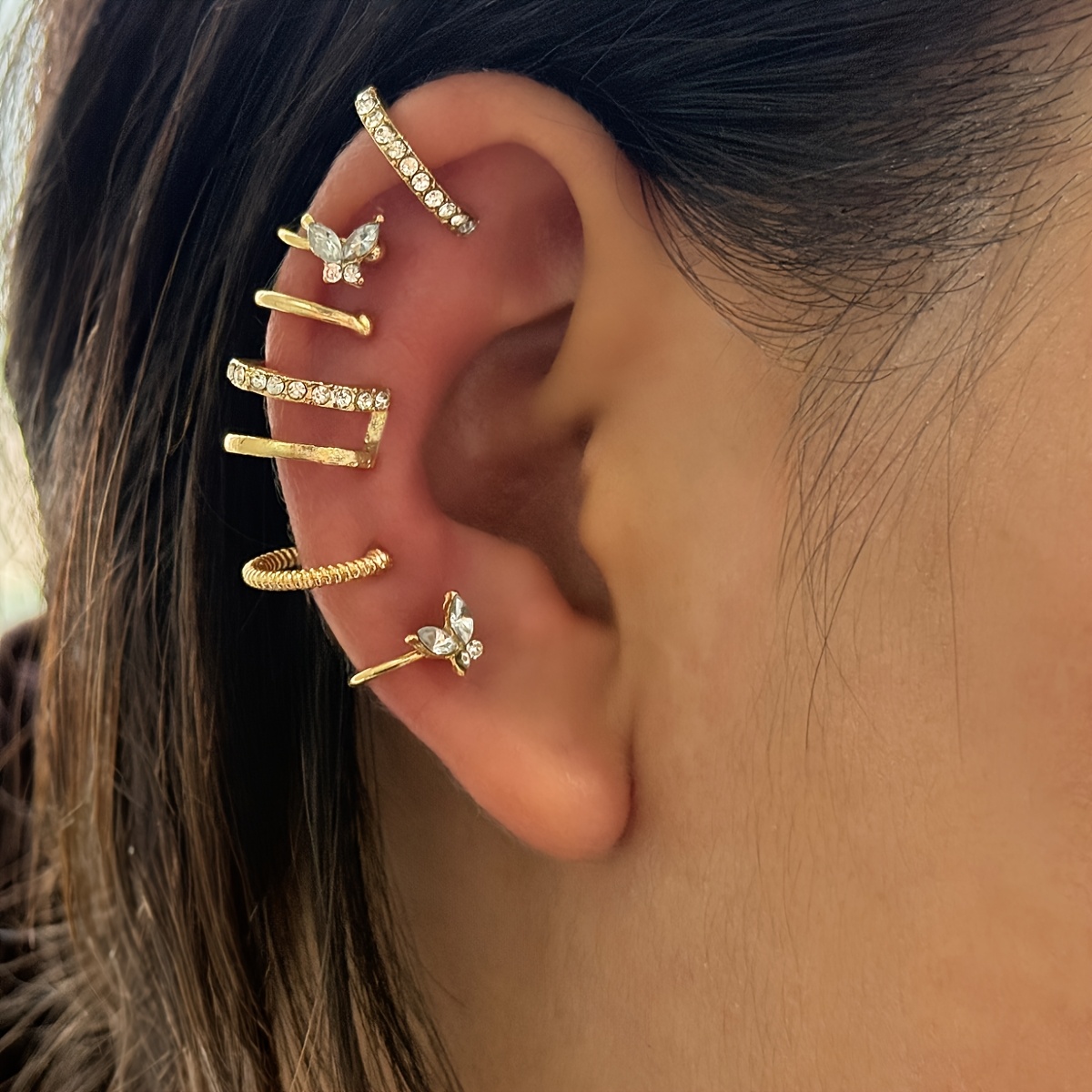6pcs Butterfly Ear Cuffs Set Double Layer C Shaped Clip On Earrings Women