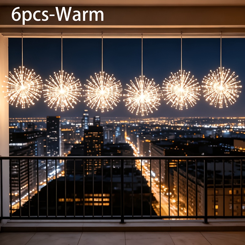 Image of 6 Solar Hanging Outdoor Firework Lights, Solar 580 Led Starburst Ball Lights, 8 , Smart Light Sensing, Suitable For Garden/christmas/party Courtyard Decoration Lighting (warm White/multicolor/white)