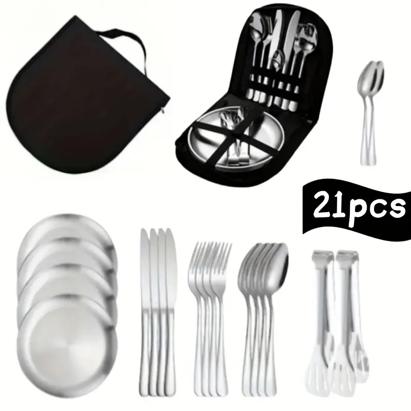 21pcs stainless steel polished portable cutlery set durable outdoor with knife forks plates soup spoons bottle opener coffee spoon tongs storage bag dishwasher safe reusable for travel camping parties more Product details 3