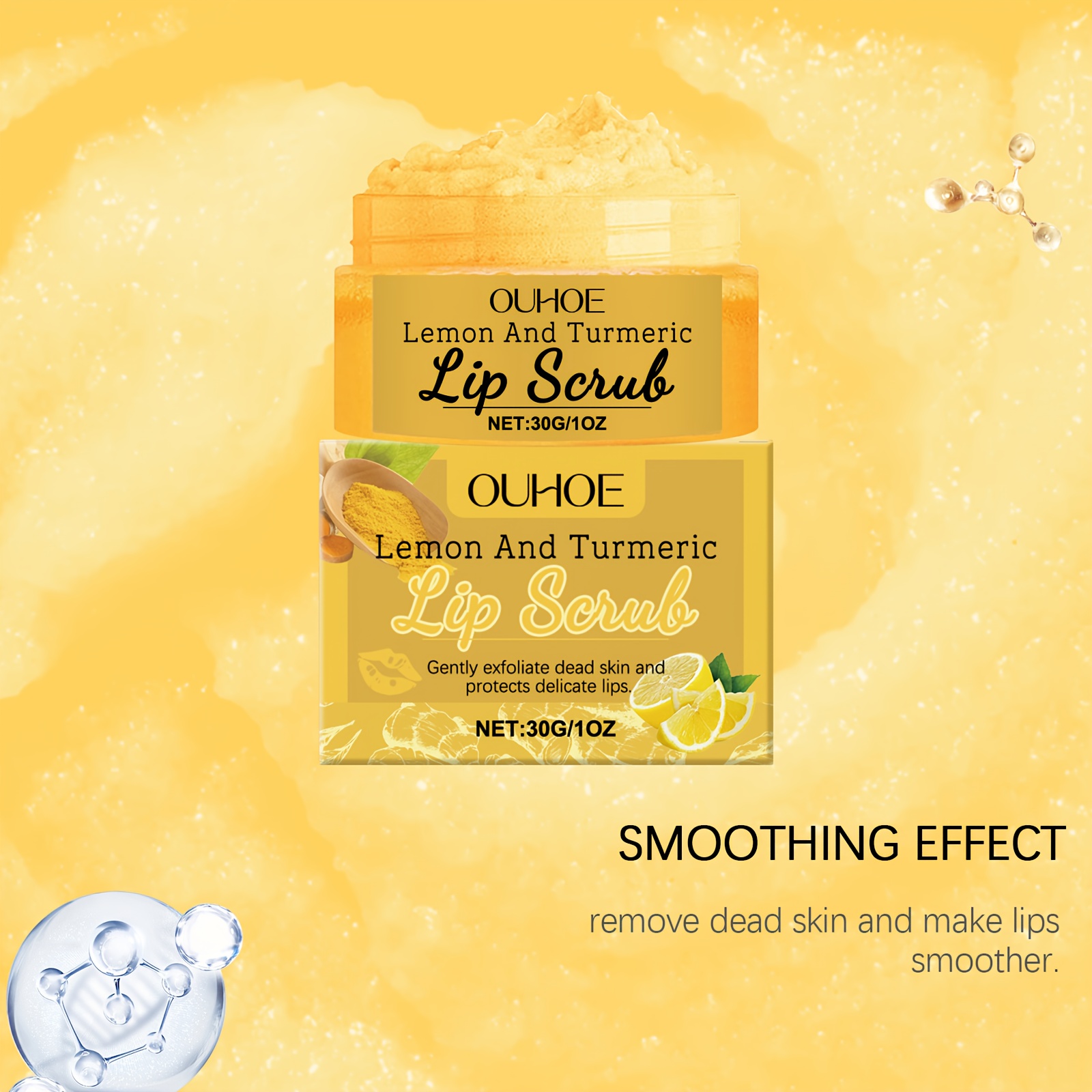 Turmeric Lemon Lip Scrub, Containing Turmeric Root, Lemon Fruit, and Aloe Vera Extracts. The Formula Has a Gentle, Lightweight, and Fine Texture. This Deep-hydrating, Mildly Moisturizing Lip Scrub Exfoliates and Softens Lips While Cleansing the Skin.