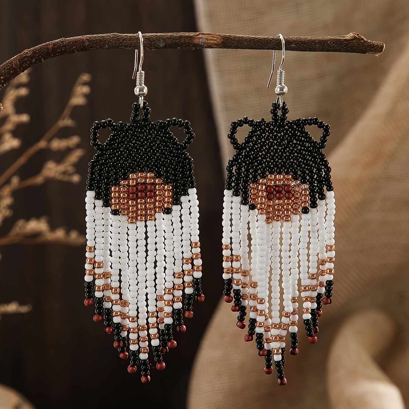 

1 Pair Vintage Beaded Earrings, Handcrafted With Bear Pattern, Long Tassel Dangle, Copper Post, Elegant Cute Temperament Jewelry For Women, Perfect Gift For Lovers And Sisters,