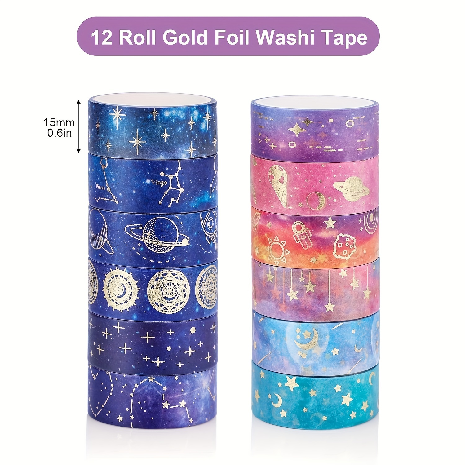 

12pcs Rolls Washi Tape Set, Starry Sky Masking Tape, Golden Stamping Masking Tape, Washi Masking Tape, Decorative Adhesive Tape, Multi-pattern, Decorative Tape For Diy, 5mm *2m(0.6*78.7in)