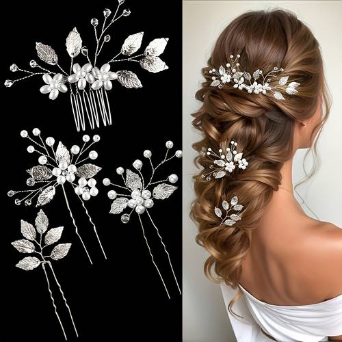 4 stück romantische haarverzierungen für hochzeiten - künstliche perlen, kristall, strasskämme, clips und blumenstücke für braut und brautjungfern (eleganter stil)