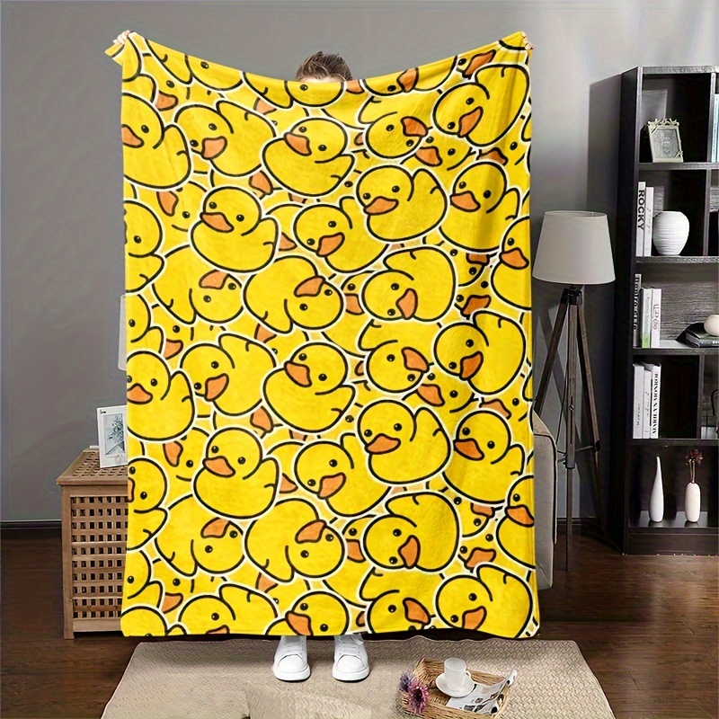 

Country-rustic Flannel Bed Blanket With Rubber Duck Print - , Yellow Geometric-pattern Anime Throw - Machine Washable, Woven Polyester Bedding, For Sofa, Chair, And Bedroom - 50"x40