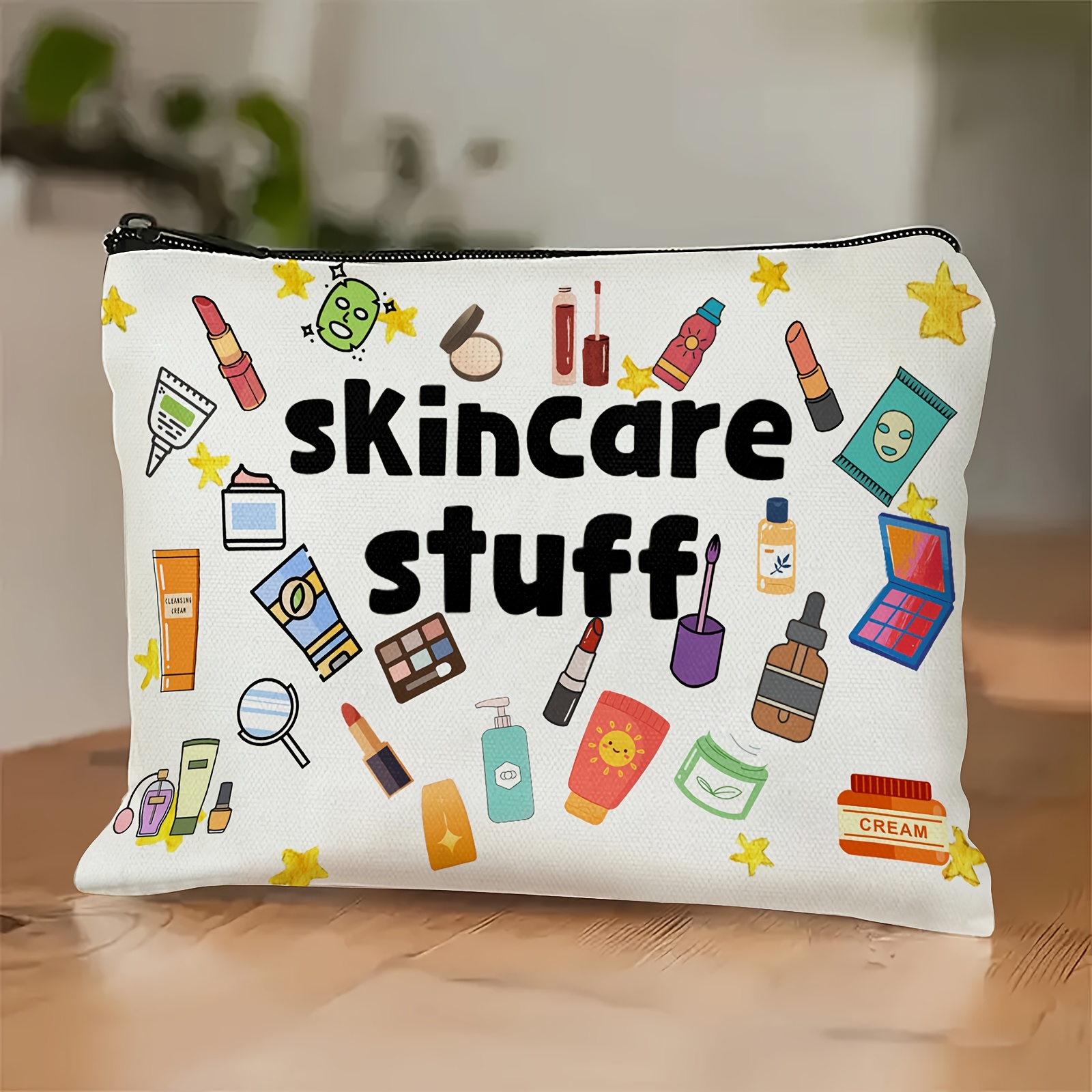 

Stylish White Makeup Bag With "skincare Stuff" Print - Zippered Cosmetics Organizer Pouch, Multi-functional Travel Accessory For , & Lightweight Design, Large Makeup Bag