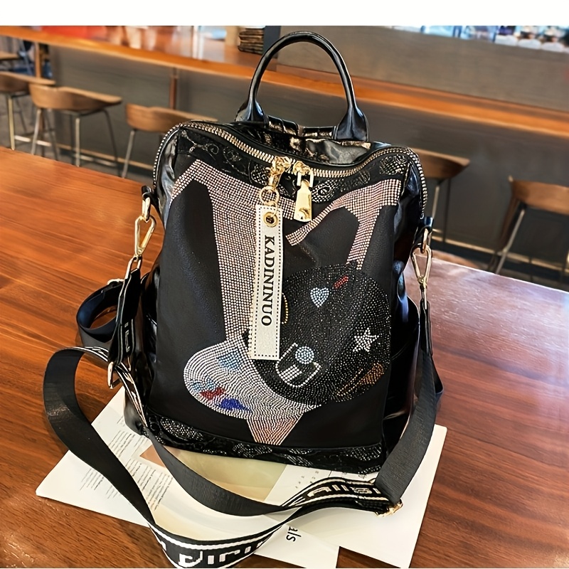 Image of Fashionable Rhinestone Large Capacity Backpack, Textured School Bag, Multifunctional Shoulder Crossbody, Stylish Travel Commuting Bag