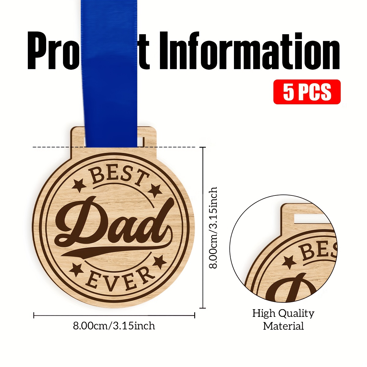 TEMU 5pcs Set Dad Wooden Medal Pendant - Wooden , Suitable For Men's Necklaces, Father's Day Commemorative Gift, Birthday Gift, Creative Medal For