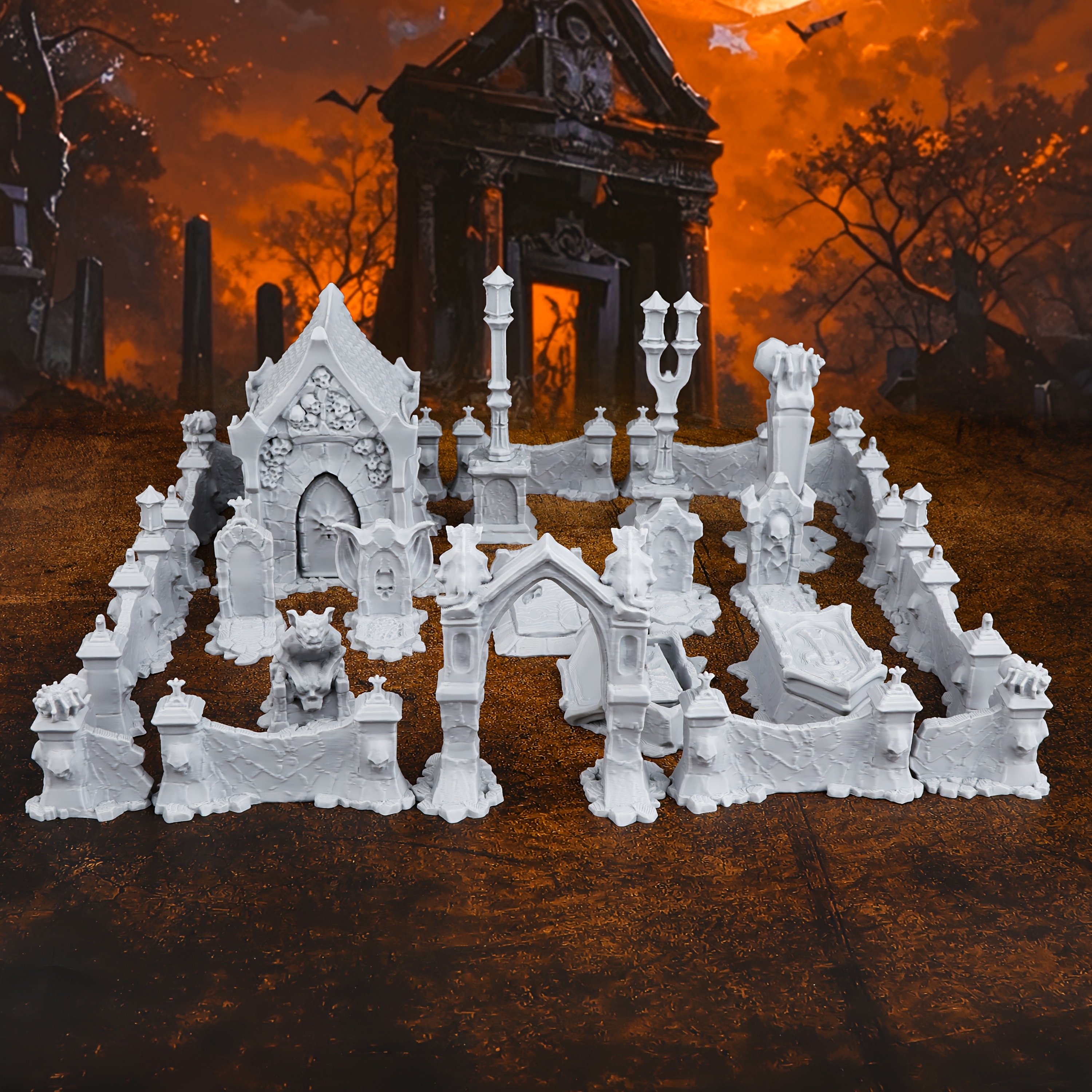 Image of 28mm Rpg Miniature Terrain: Duskveil Rest Cemetery Set For Tabletop Ttrpg Role-playing Games, Scene Building, Game Accessories, Terrain Bundle, Gray Color, Durable Plastic