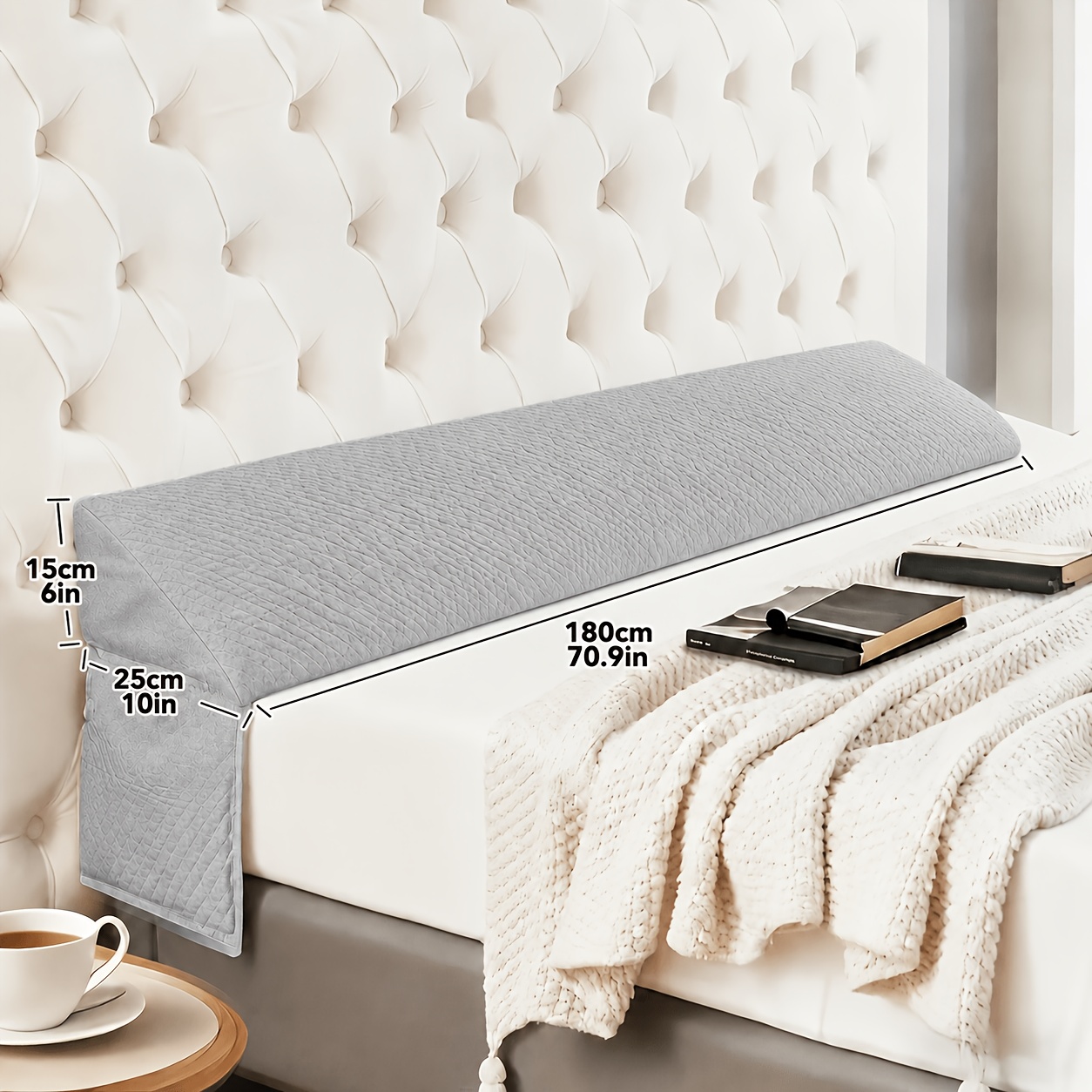 Bed Wedge Back Support Pillow, Foam Long Headboard Rest Cushion With Side Storage Pocket, Gray Triangular Reading Backrest Cushion For Bed, Fits 90cm, 140cm, 160cm, 180cm Bed Sizes
