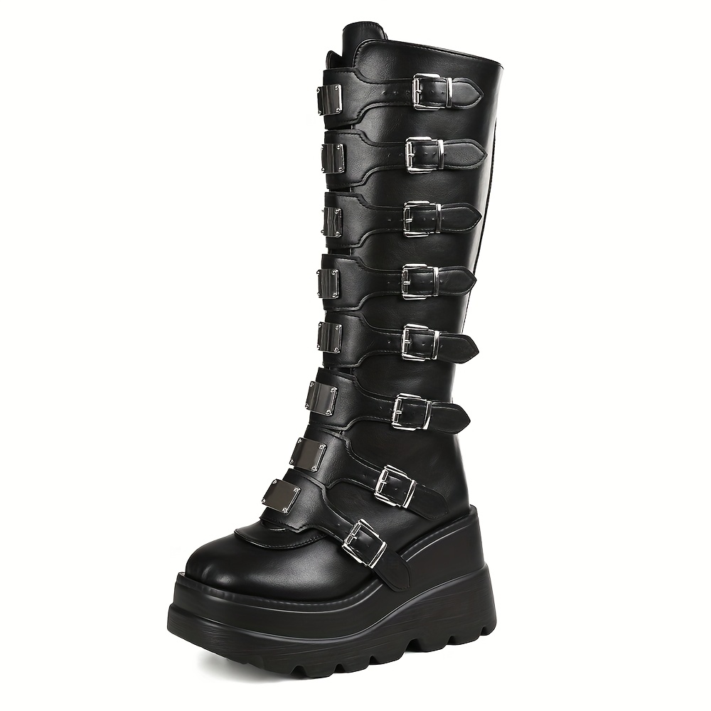 Womens Stylish Punk Knee High Platform Boots Round Toe Wedge