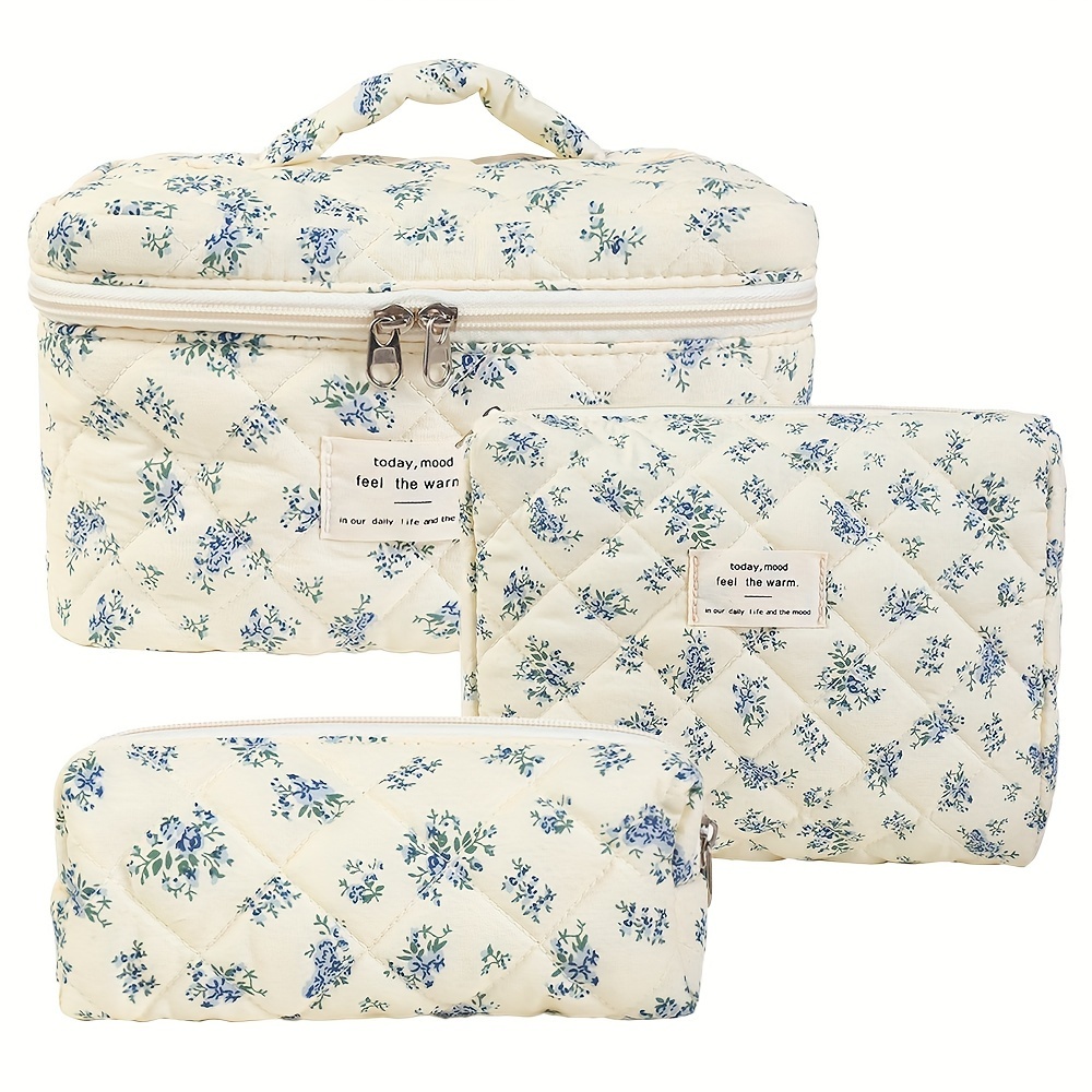 

3 Pcs Set Quilted Makeup Bags, Pastoral Style Aesthetic Floral Cosmetic Pouches, Travel Toiletry Organizers With Zipper