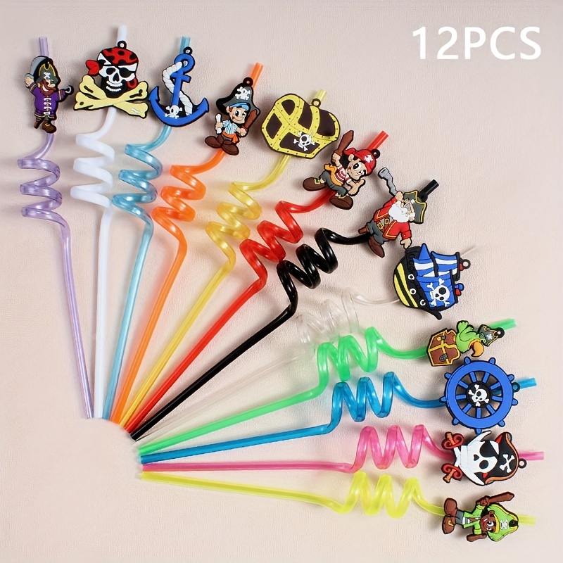 12pcs Pirate Themed Straws, Reusable Durable Pet Straws With , , Treasure Chests And Design For Birthday Parties, Halloween Decoration Party Favors