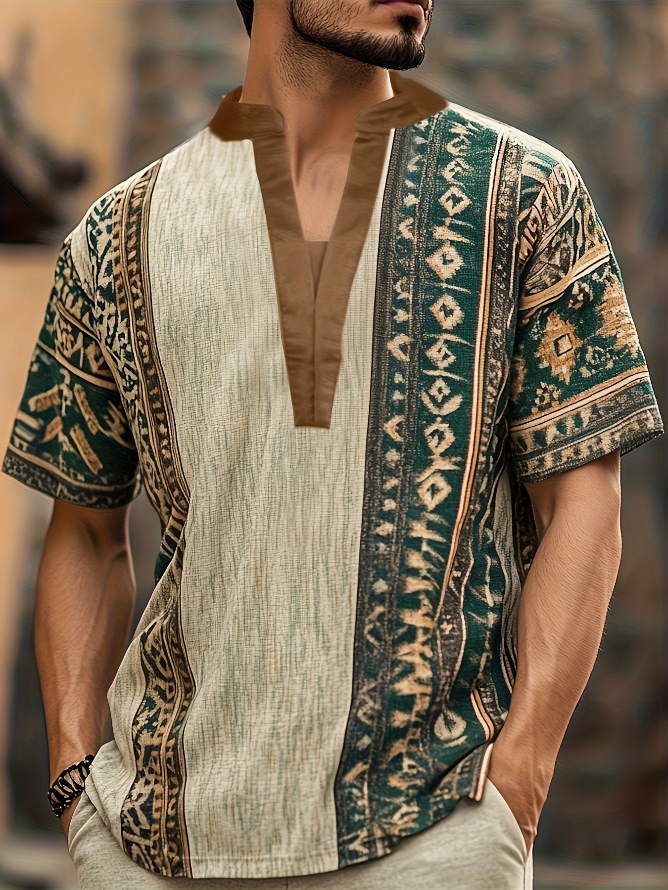 mens fashion print henley trendy casual ethnic style tribal   tribal pattern print outerwear outdoor top henley stand up collar short sleeve casual henley shirt