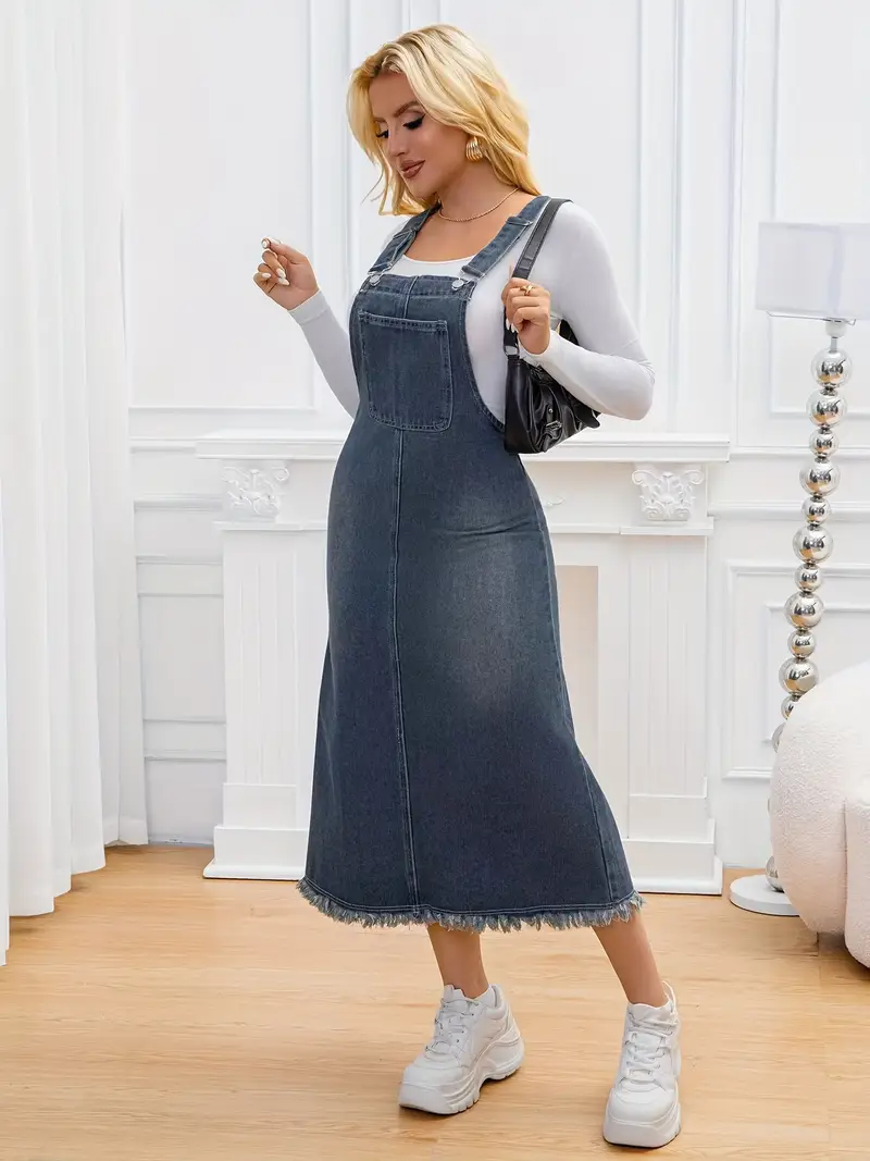 plus size denim suspender dress Plus-Size Women'S * Suspender Dress with Washed Frayed Edges, Trendy New Versatile Long Skirt * Denim Dress