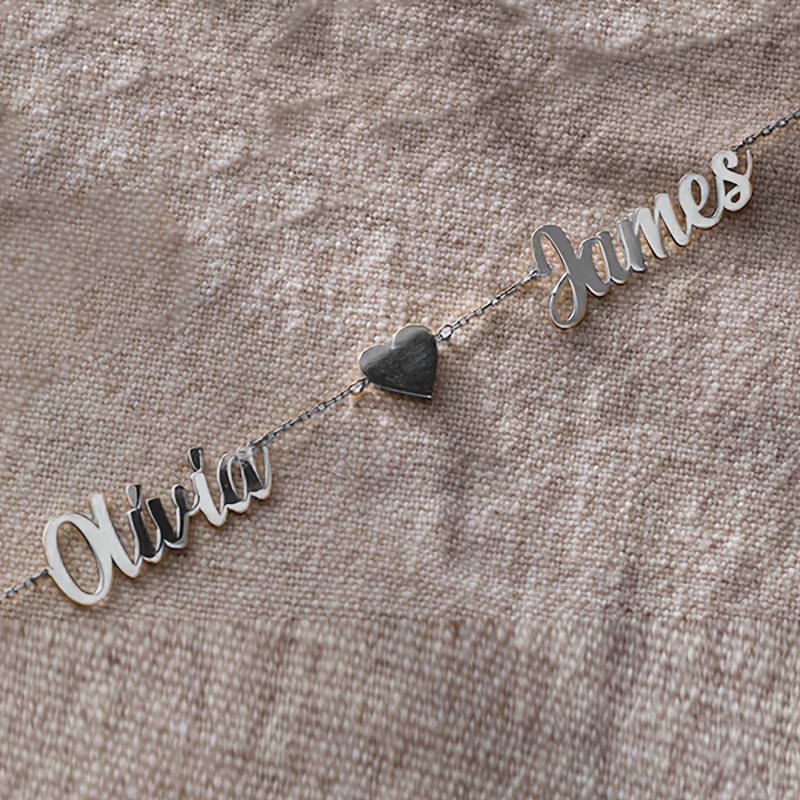 TEMU Custom Fashion Stainless Steel Cut Heart And Infinity Symbol Letter Necklace, Personalized Minimalist 2-name Couple Pendant, Jewelry, Unisex