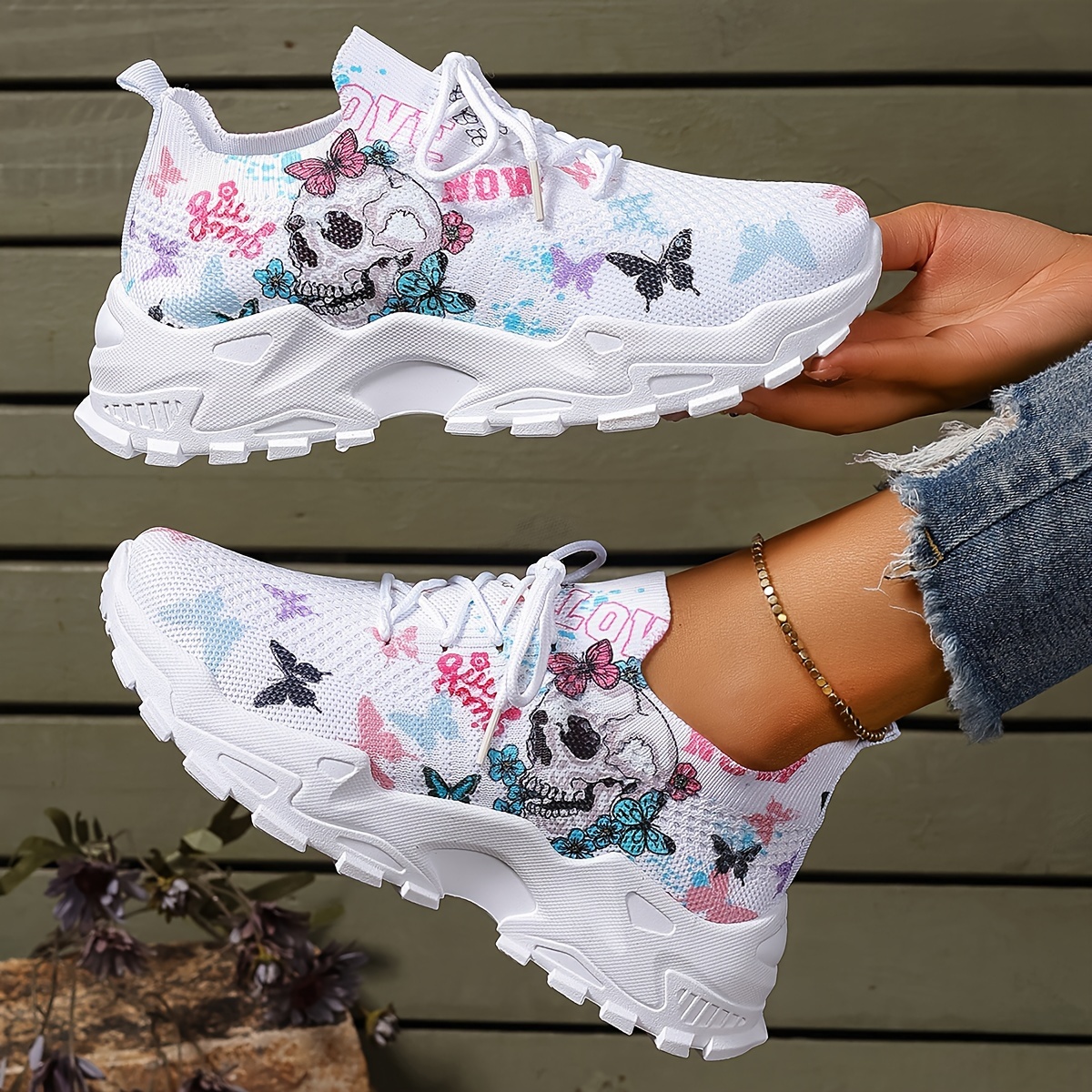 

Women's Breathable Fabric Sports Sneakers Low Top Lace-up With Animal Print, Butterfly & Skull Pattern Casual Running Shoes With Pvc Sole And Fiber Insole - European & North America Special From