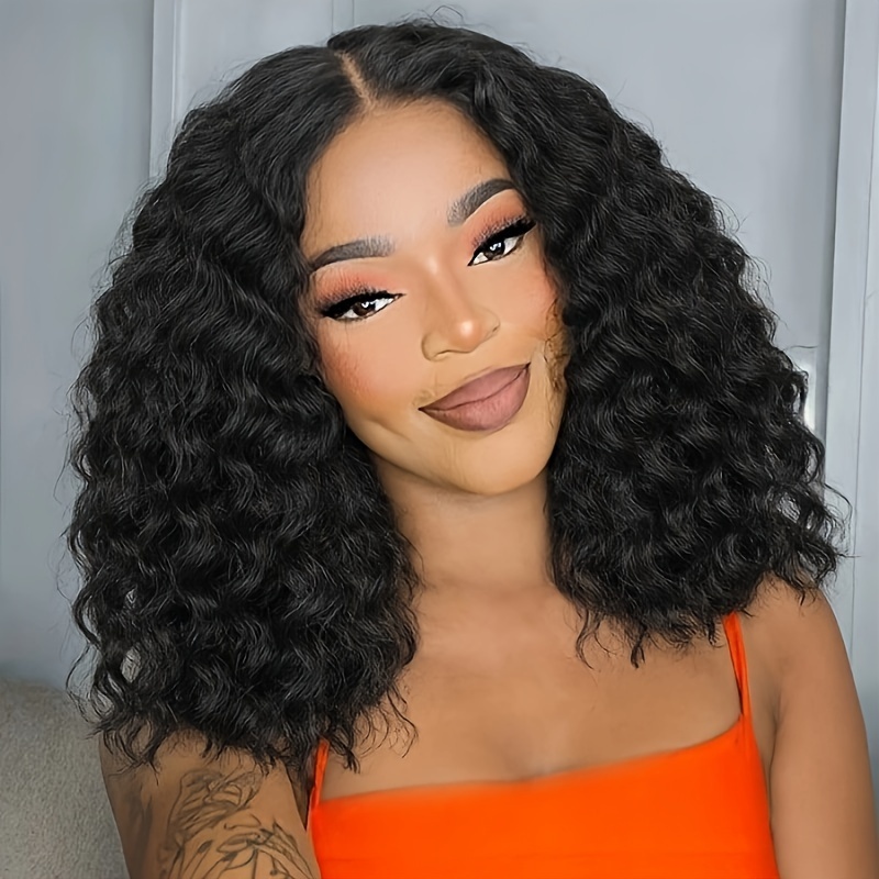 

12 Inch Wig For Women, Black Synthetic Curly Hair, Short Loose Wave Bob With Middle Part, Fiber, Cap, 150% Density, , Daily & Party Use