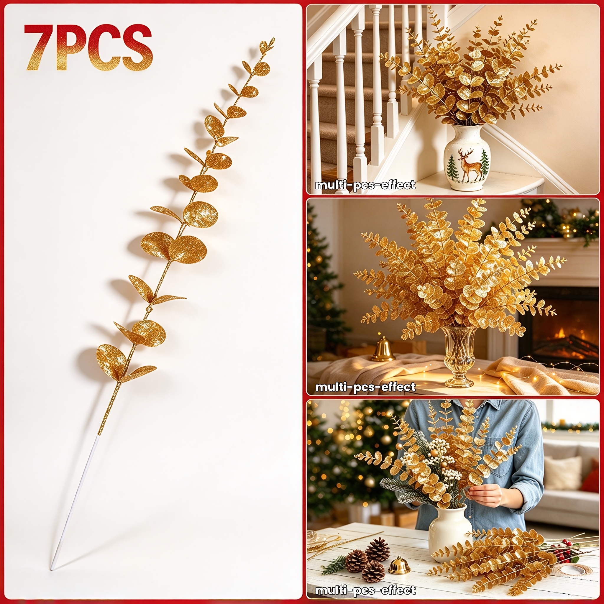 TEMU Ensemble de décoration de Noël 7 pièces - Tige simple d'eucalyptus doré réaliste à paillettes fines - Arrangement floral à soi-, convient pour