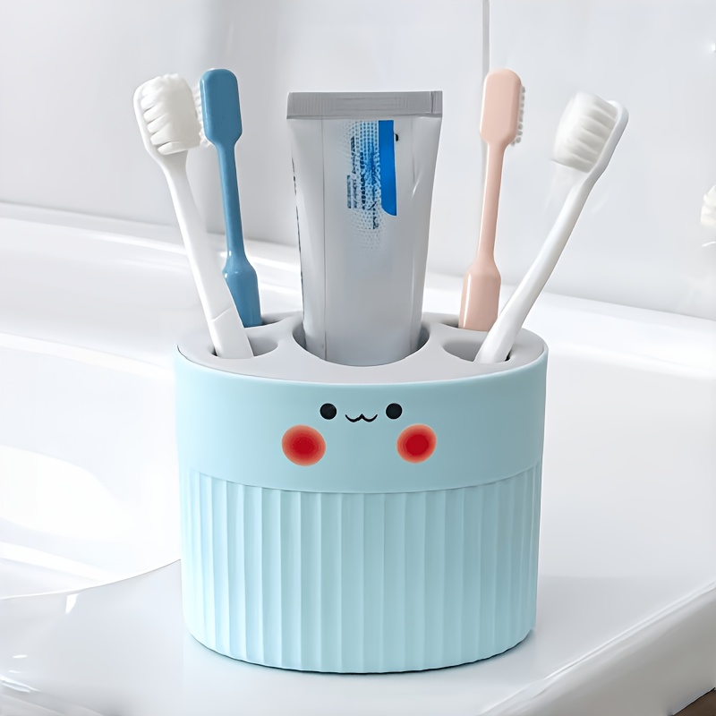 TEMU Cute Happy Face Toothbrush And Toothpaste Holder, 1pc 5-slot Plastic Bathroom Organizer, Multi-use Storage Stand For Makeup Brushes And Pens, 3