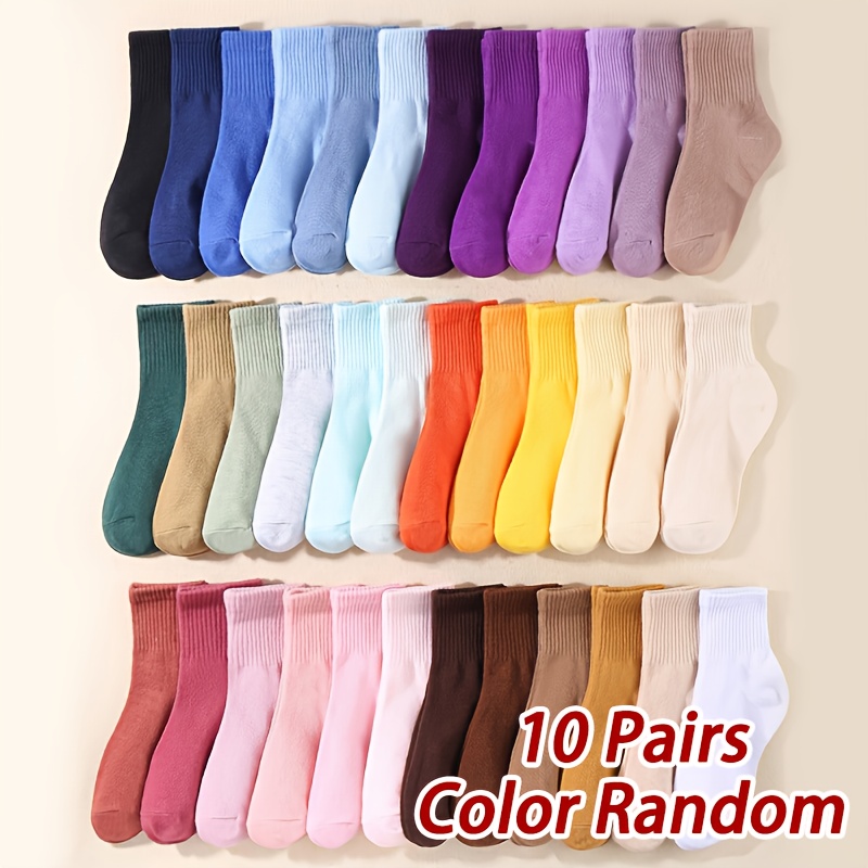 Image of 10pairs Kids' Autumn/winter Random Candy Color High Elastic Mid-calf Socks, Solid Color Knit Socks For Daily Wear - Vibrant Colors