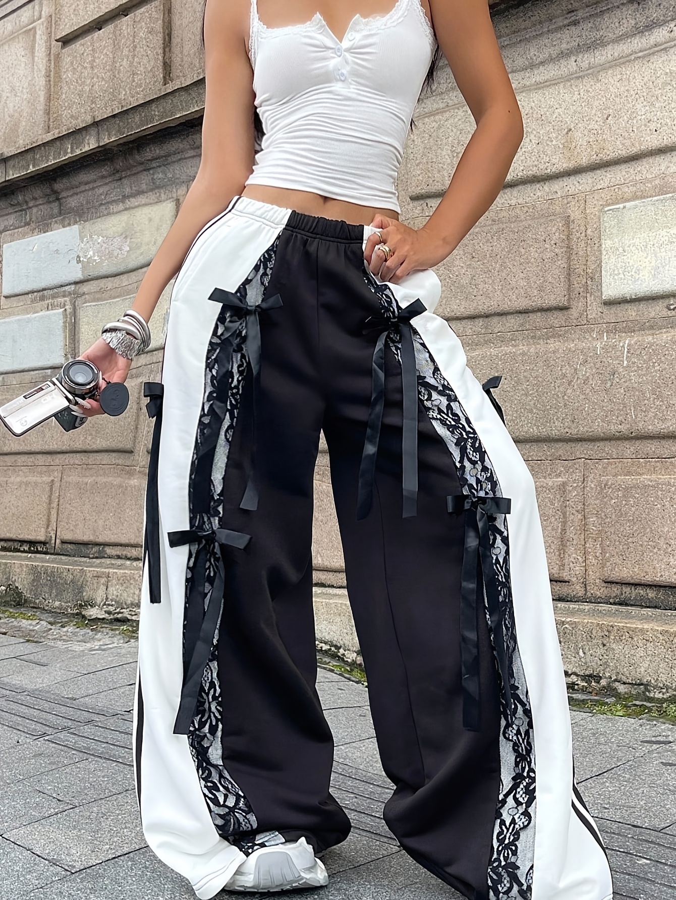 womens y2k vintage wide pants bow colorblock black - Temu Mauritius
