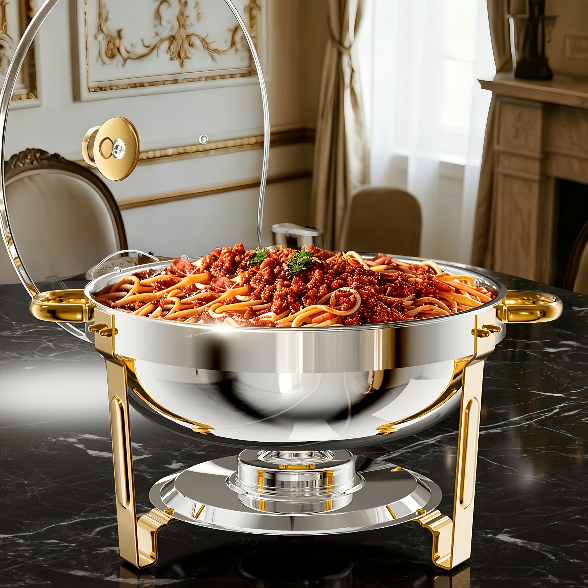 TEMU 1pc Golden Buffet Warmer Set, 5-quart, Round Hot Plate Set With Lid Stand, Rolled , No Cutting Required, Mirror-polished Stainless Steel,