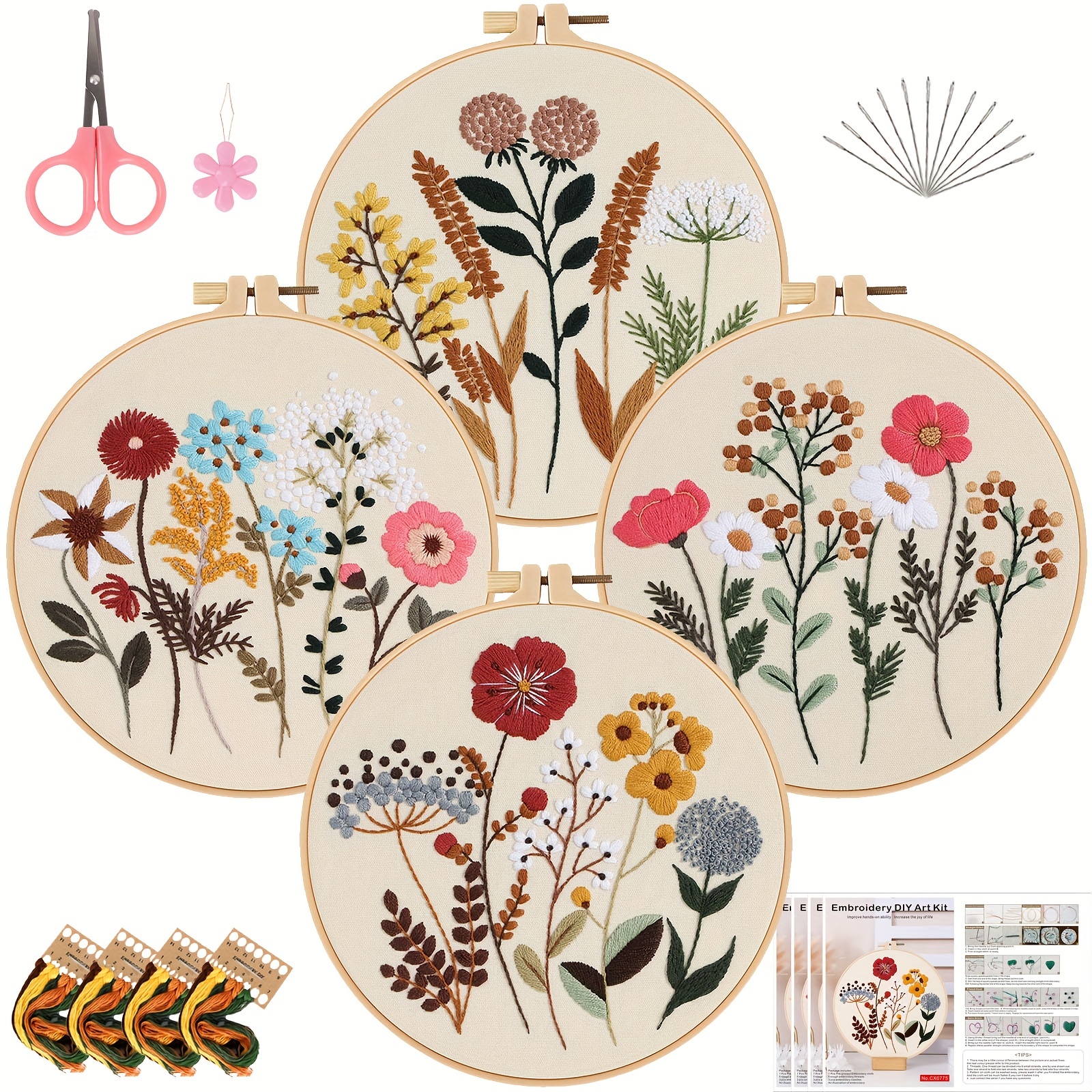 

Embroidery Kit With Patterns, 4pcs Polyester Floral Embroidery Cloth, Adjustable Hoop, Needles, Thread Cards, And Instruction Manual - Mixed Color Flower Theme For All Seasons