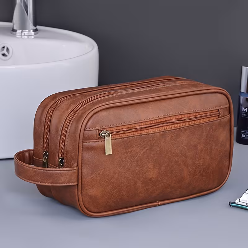 stylish unisex toiletry bag portable wash organizer with zipper closure deep brown use toiletry travel bag Product details 4
