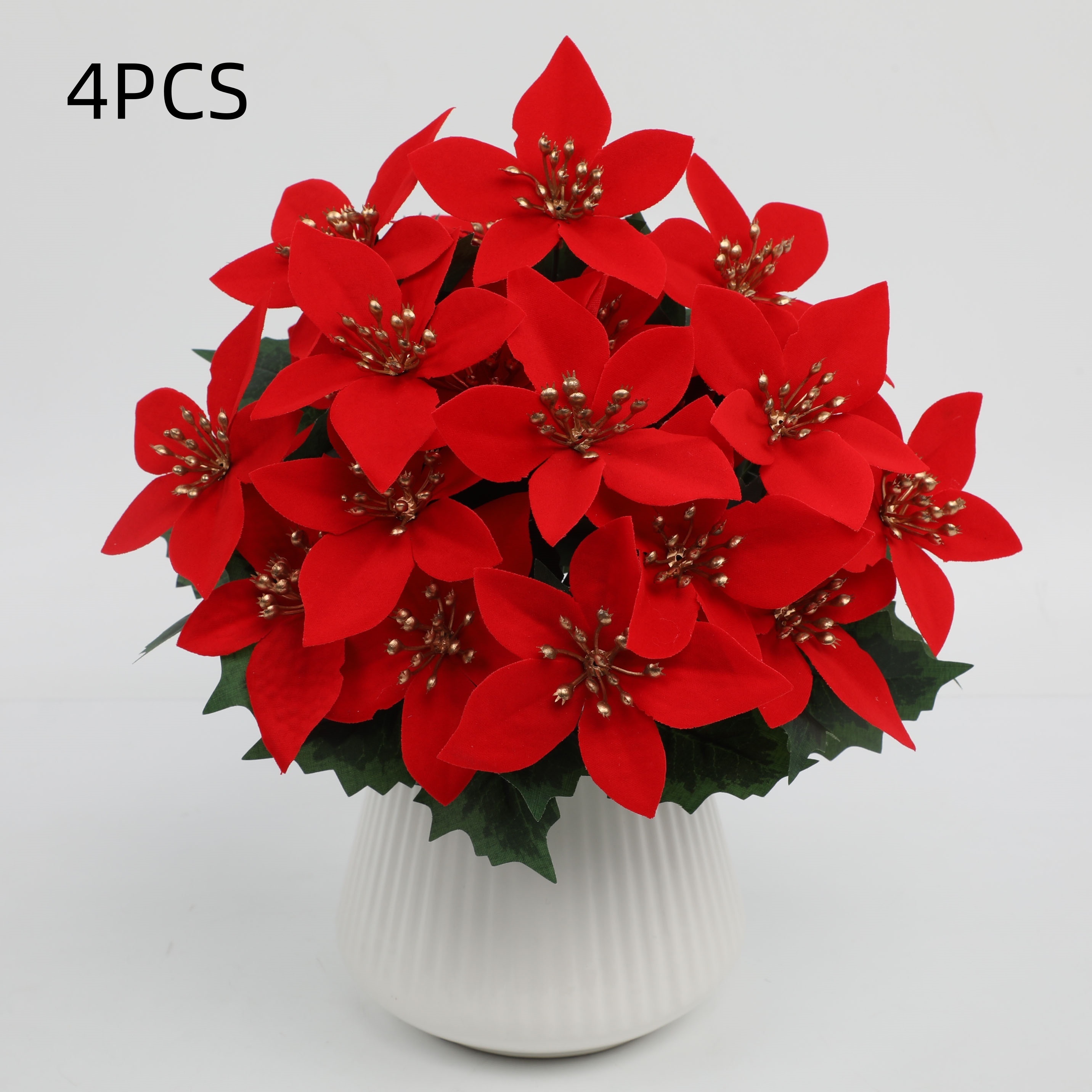 2pcs/4pcs Simulation Flower Christmas Flower Poinsettia 5 Heads Flower, Artificial Shrub Poinsettia Flower Home Indoor Outdoor Christmas Tree Table Center Decoration Wedding Decoration